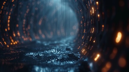Futuristic technology tunnel with glowing lights and abstract patterns