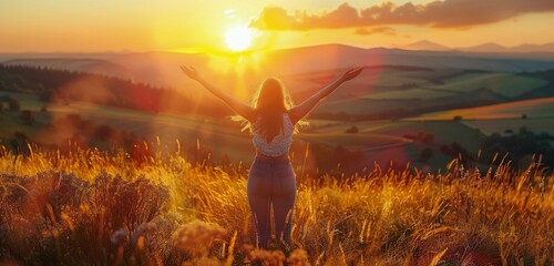 Wall Mural - Woman Embracing Sunset Over Rolling Hills