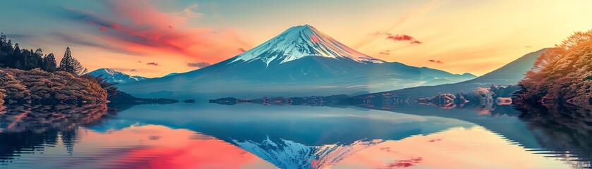 Scenic view of Mount Fuji with vibrant sunset reflected on calm lake, surrounded by trees and houses, showcasing natural beauty and tranquility.