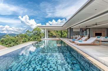 Wall Mural - A luxurious villa in Phuket with an outdoor pool and garden, featuring beige walls, white sofa sets on the terrace, green plants around it, blue sky background