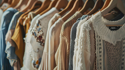 variety of summer clothes on hangers, featuring neutral colors and natural textures for a relaxed look