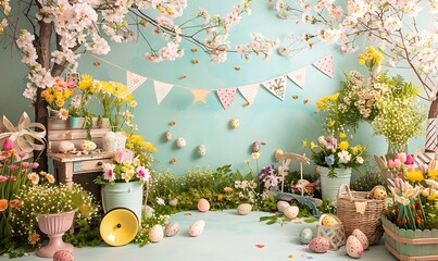 Wall Mural - A festive banner stand adorned with blooming spring flowers and Easter-themed decorations, perfect for promoting seasonal products or events