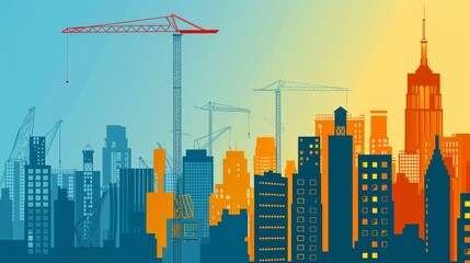 Wall Mural - A city skyline with a crane in the middle