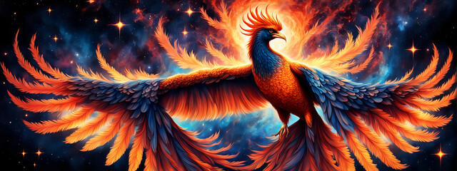 Poster -  Phoenix bird fire fantasy firebird abstract magic 3D eagle animal. Phoenix bird fire tale character illustration render hawk fairy wings graphic feather gold background Fenix logo icon red art phoeni