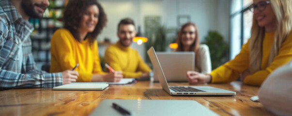 Group of office workers gather around a table to do research and implement new ideas. Business people discussing in board room meeting