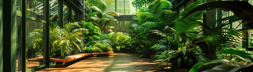 Wall Mural - Green atrium in an urban building, lush indoor garden, front view, promoting biophilic design, cybernetic tone, Triadic Color Scheme