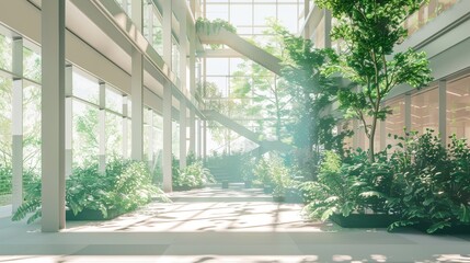 Wall Mural - Green atrium in a corporate headquarters, integrating nature and workspaces, side view, emphasizing wellness and sustainability, digital binary as object, colored pastel