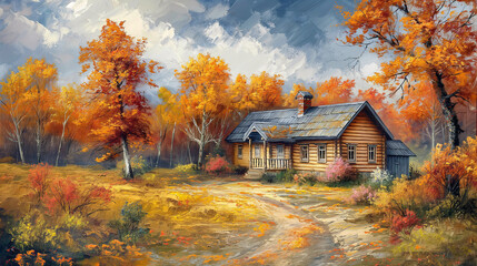 Wall Mural - Small wooden house and autumn trees with orange yellow, artistic vision of beautiful autumn landscape, oil painting on canvas Wallpaper Poster