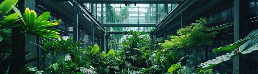 Green atrium in an urban building, lush indoor garden, front view, promoting biophilic design, cybernetic tone, Triadic Color Scheme