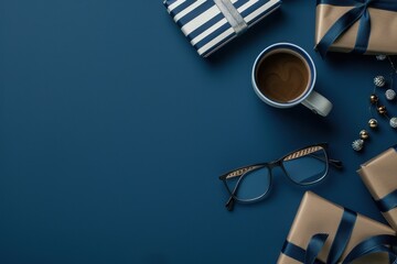 A blue background with coffee, glasses and wrapped gifts in dark stripe Generative AI