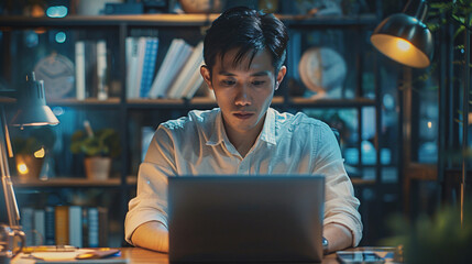 A young Asian professional sits at a sleek desk in a modern office, engaged in deep concentration as they work on a laptop computer, showcasing the contemporary lifestyle of urban professionals in