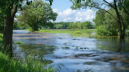 river landscape in countryside post thunderstorm resulting in flooding