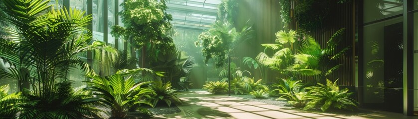 Wall Mural - Green atrium in an urban building, lush indoor garden, front view, promoting biophilic design, cybernetic tone, Triadic Color Scheme