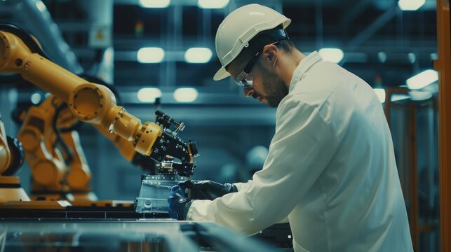 Professional industrial worker working and inspecting at production line at modern factory. Skilled industrial engineer collecting data while looking at robotic machine working while standing. AIG42.