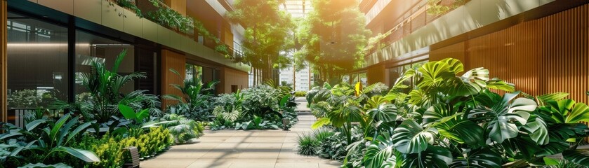 Wall Mural - Green atrium in an urban building, lush indoor garden, front view, promoting biophilic design, cybernetic tone, Triadic Color Scheme