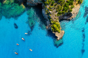 Wall Mural - drone view of the sea coast. motor boats and yachts in the lagoon. rocky shore and sea water. vacati