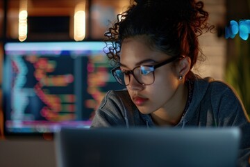 Wall Mural - Woman coding on laptop with blurred background