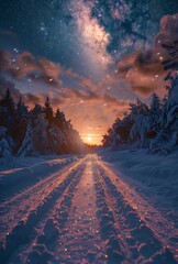 Wall Mural - Snowy Forest Path Under a Starry Sky at Sunset