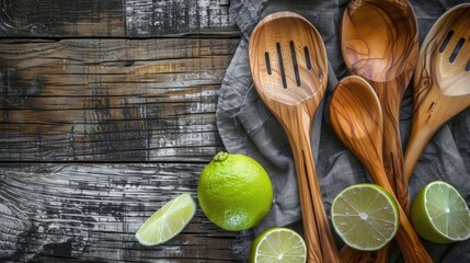 Wall Mural - Wooden utensils and lime placed on a wooden surface