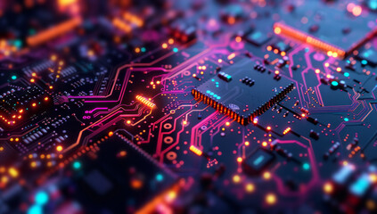 Vibrant circuit board with neon glow and technology details