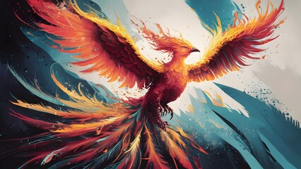 Phoenix bird fire fantasy firebird abstract magic 3D eagle animal. Phoenix bird fire tale character illustration render hawk fairy wings graphic feather gold background fenix logo icon red art pheonix