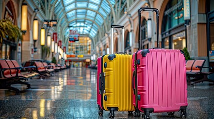 Wall Mural - A picture of suitcases in an airport terminal waiting area, emphasizing the empty hall interior and focusing on the suitcases, embodying the spirit 