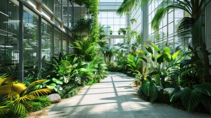 Wall Mural - Green atrium in an urban building, lush indoor garden, front view, promoting biophilic design, cybernetic tone, Triadic Color Scheme