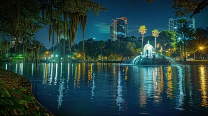 Sticker - Nighttime View of a Fountain in a City Park