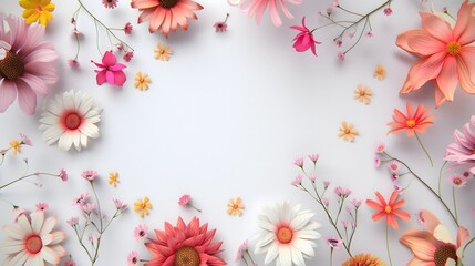 Wall Mural - Bright Floral Arrangement with Diverse Blooms Creating a Cheerful Frame on Light Background
