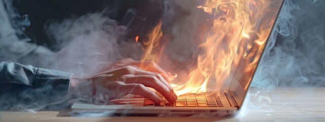 Wall Mural - Person typing on a laptop with smoke and fire, highlighting extreme overheating and potential danger