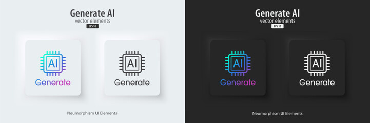 Fototapete - Set of Generative AI in black and white neumorphism style. Generate AI buttons. Machine learning concept. AI enters by command prompt to generate ideas. UI UX design, Vector illustration.