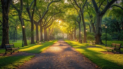 Poster - Sunlit Path Through a Tree-Lined Park