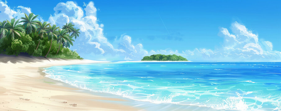 Beach background with a tropical island in the distance and clear blue water.