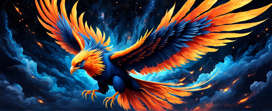  Phoenix bird fire fantasy firebird abstract magic 3D eagle animal. Phoenix bird fire tale character illustration render hawk fairy wings graphic feather gold background Fenix logo icon red art phoeni