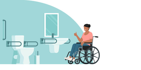 Happy disabled woman and an accessible bathroom