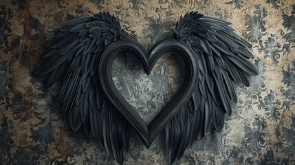Wall Mural - A dark romantic background with black wings enveloping a heart-shaped void in the center, set against a backdrop of old Victorian wallpaper, evoking a gothic love story.