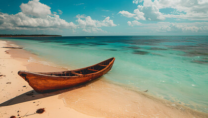 Wall Mural - Canoe on the tropical sandy beach. Beautiful summer landscape of tropical island with boat in ocean