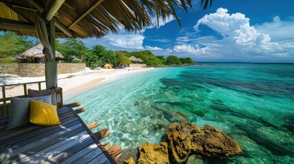 Sticker - A desktop wallpaper of a secluded beach resort, featuring a view from a beach cabana overlooking crystal clear waters and white sands.