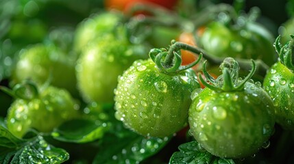 Wall Mural - Green Tomatoes with Water Droplets