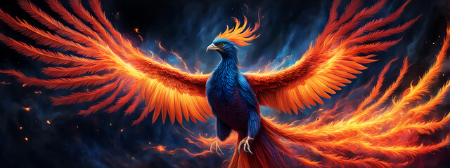 Poster -  Phoenix bird fire fantasy firebird abstract magic 3D eagle animal. Phoenix bird fire tale character illustration render hawk fairy wings graphic feather gold background Fenix logo icon red art phoeni