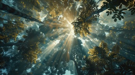 Wall Mural - a forest canopy viewed from below at dawn, with the leaves gently moving in the morning breeze and s