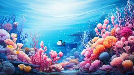 Vibrant coral reef with a lone fish swimming in clear blue water.