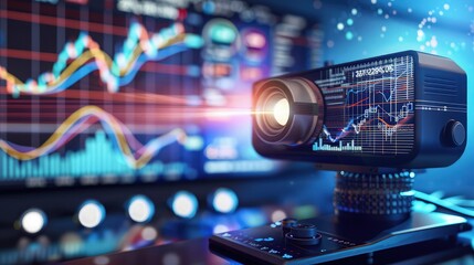 A high-tech image featuring a digital projector casting light onto a virtual screen displaying dynamic market trends, ideal for a business presentation theme.