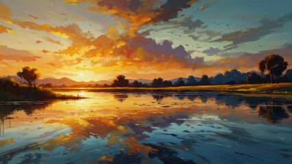 Wall Mural - Landscape and sunset