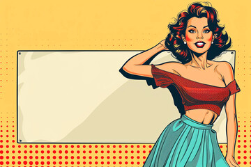 Wall Mural - Pop art illustration with young woman in fashion dress. Vintage style, copy space