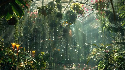 Wall Mural - A lush greenhouse filled with exotic, hanging plants and flowers, where droplets of water reflect the light, creating a natural prism effect reminiscent of a fairy habitat.