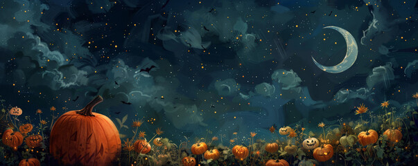 halloween background with a pumpkin patch under a dark, starry sky.
