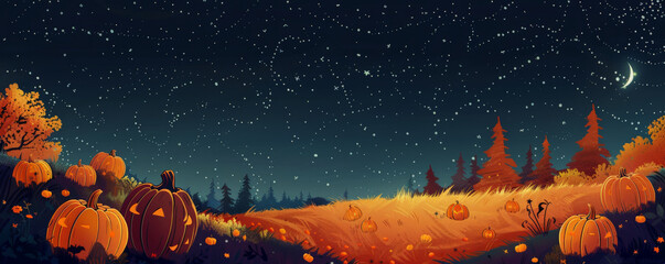 Halloween background with a pumpkin patch under a dark, starry sky.