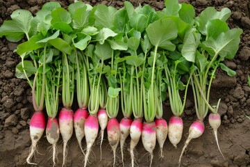 Wall Mural - large bunch of radish (pink). There is a long pink radish in the yard.