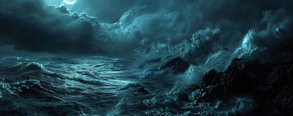 Halloween background with dark, stormy ocean waves crashing against jagged rocks.